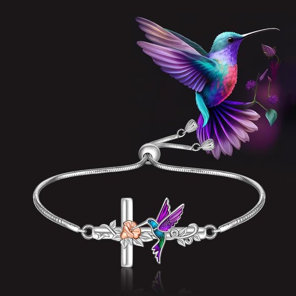 Sterling Silver Hummingbird Bracelet with Cross and Cubic Zirconia Women’s Jewel - Picture 3 of 9